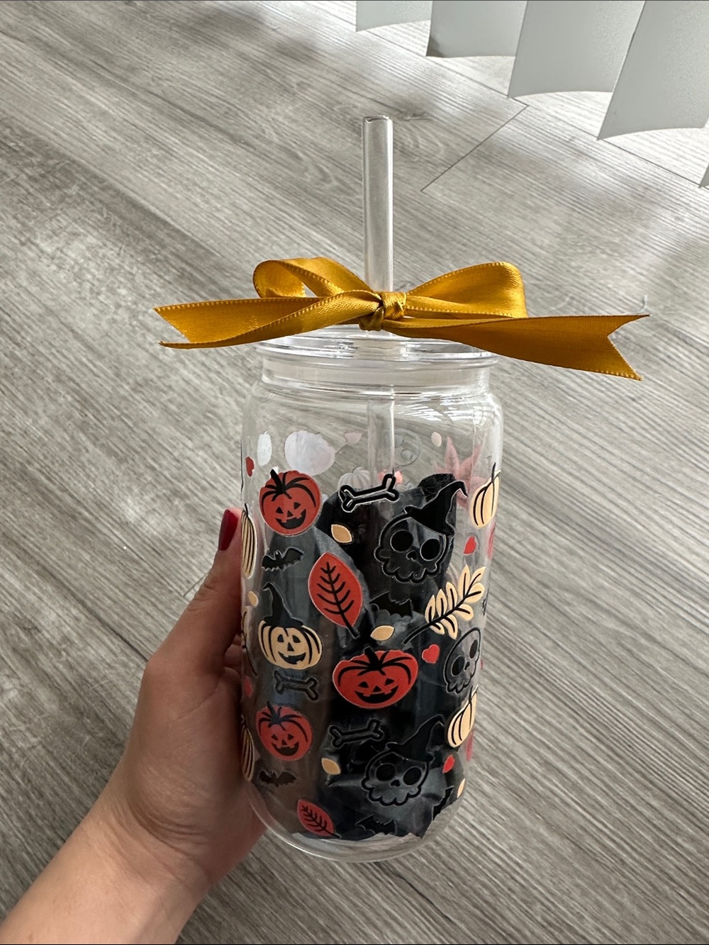 Platic Travel cup with Straw - Yellow Ribbon, Halloween Print